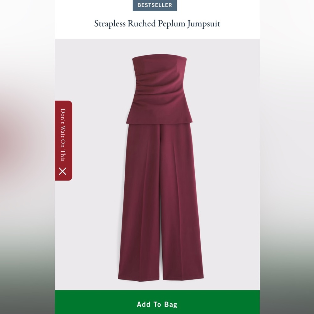 Abercrombie & Fitch Burgundy Strapless Ruched Peplum Jumpsuit